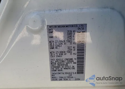2016 Nissan Rogue S z USA, uszkodzony, nr VIN 5N1AT2MT7GC844214